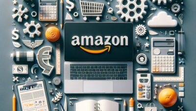 Persona usando laptop con página de Amazon Afiliados para ganar dinero online