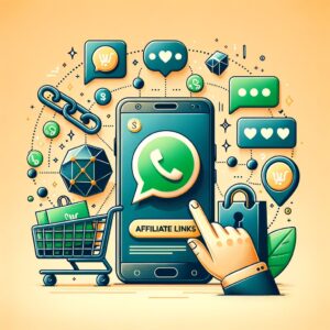 Persona compartiendo enlaces de afiliado Shopee mediante mensajes en la app WhatsApp en un smartphone moderno